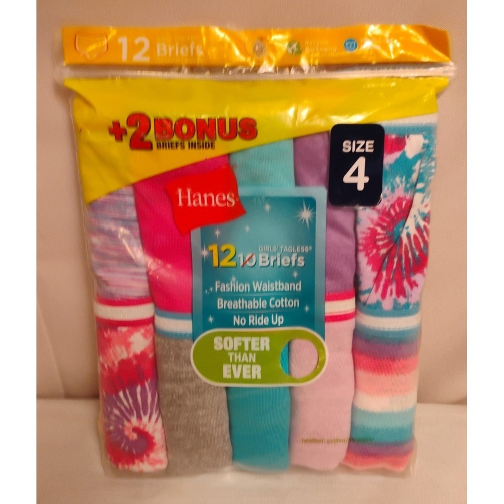 NIP Hanes Girls 12pk Briefs No Ride Breathable Cotton Soft Tagless Size‎ 4